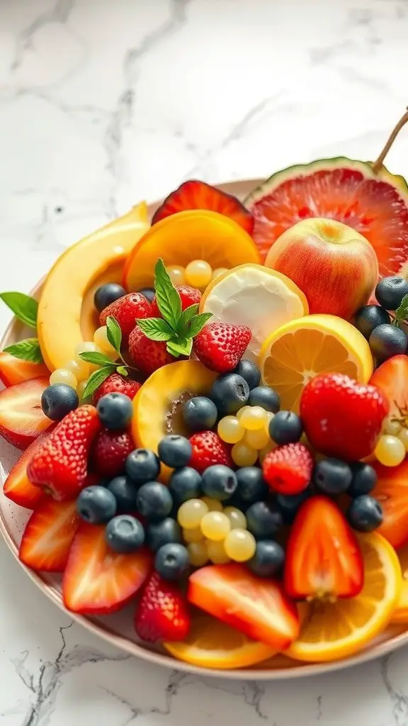 25 Creative Mother's Day Brunch Decor Ideas for Home 8 A colorful fruit display featuring strawberries, blueberries, oranges, and more, arranged beautifully on a plate.