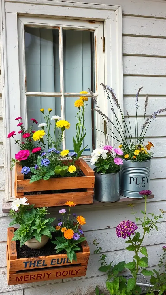 19 Creative Window Box Ideas to Brighten Your Home 10 Colorful flowers in repurposed wooden and metal containers on a window sill.