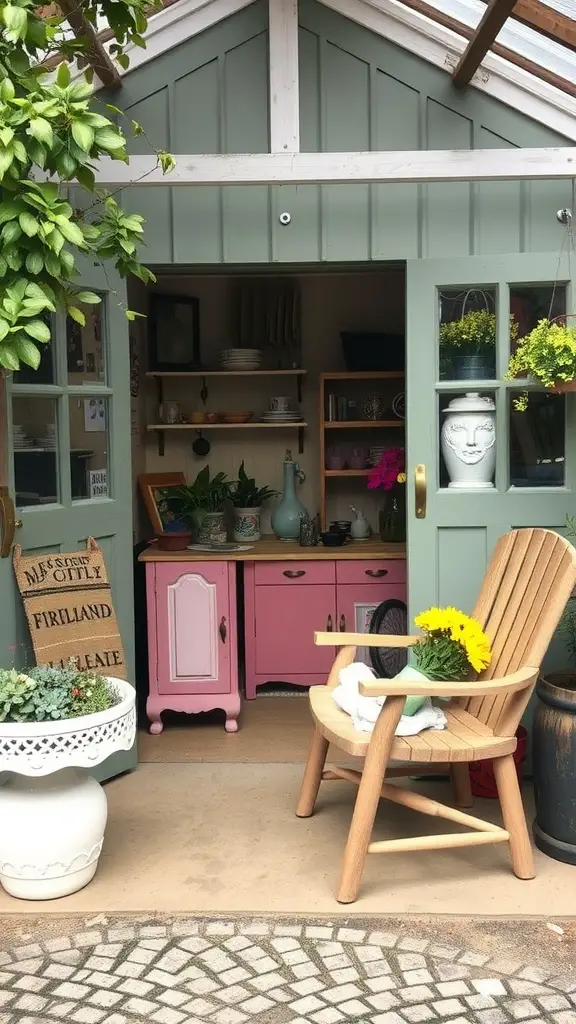 23 Stylish Potting Shed Interior Ideas for a Modern Touch 20 A colorful potting shed with soft green walls and playful pink cabinetry, featuring flowers and plants.