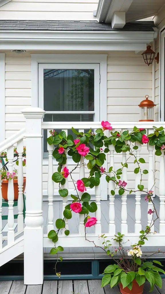 29 Stylish Deck Decorating Ideas You Need to Try 14 Deck railing adorned with vibrant pink flowers and greenery