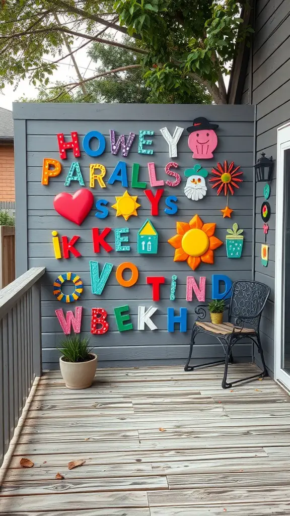 19 Charming Back Deck Decorating Ideas for a Cozy Outdoor Space 2 Colorful wall art featuring letters and decorations on a back deck