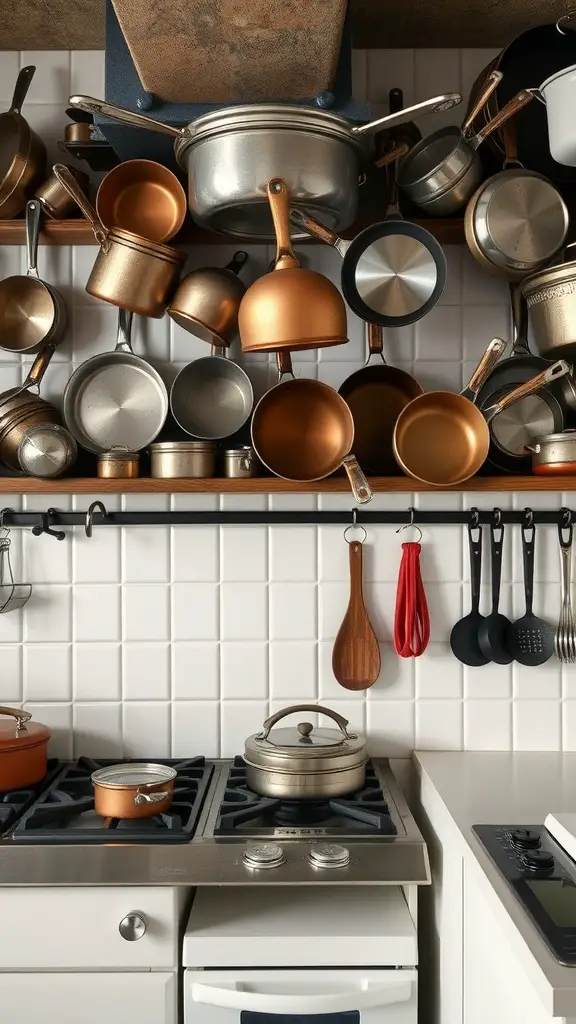 29 Stunning Kitchen Makeover Ideas for a Fresh Look 15 A kitchen with cookware hanging above the stove, showcasing a mix of pots and pans in various colors and materials.