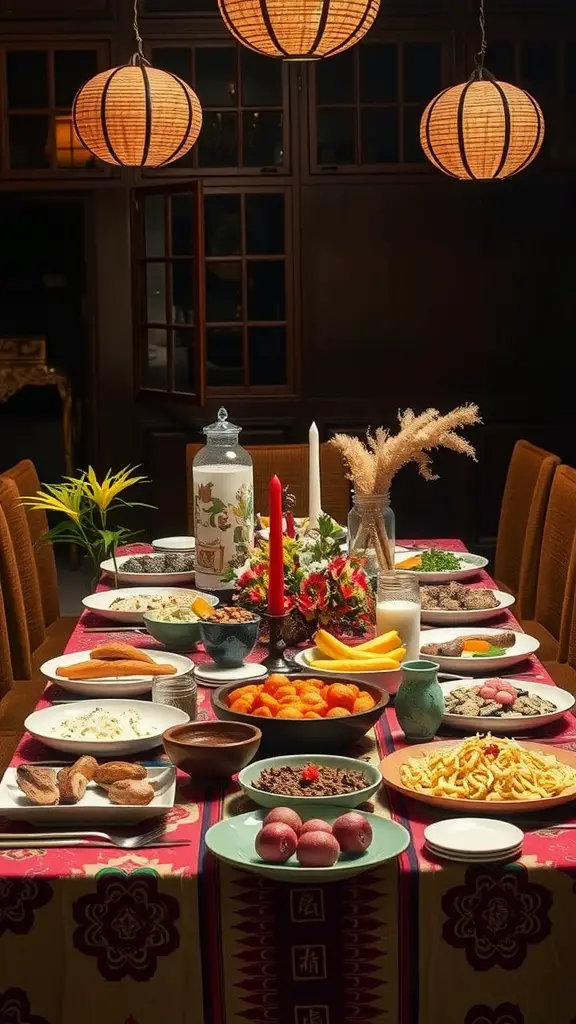 19 Stunning Summer Tablescape Ideas to Elevate Your Outdoor Dining 14 A beautifully arranged dining table showcasing a fusion of cultural dishes, decorated with lanterns and a vibrant tablecloth.