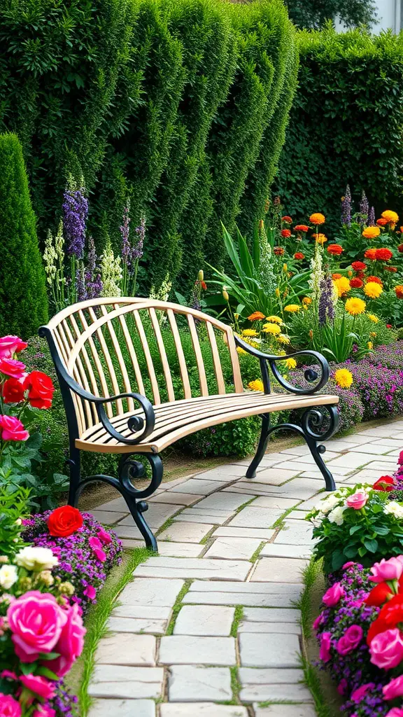 25 Creative Garden Bench Ideas to Enhance Your Outdoor Space 13 Curved wooden garden bench surrounded by colorful flowers and greenery