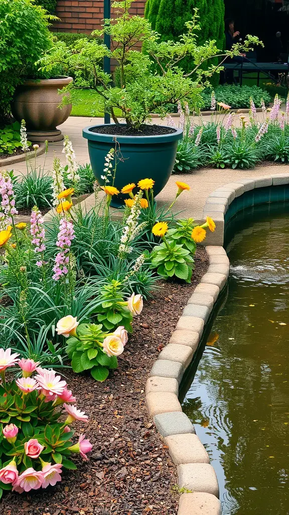 17 Creative Curved Flower Bed Ideas to Enhance Your Garden 7 Curved flower bed with colorful flowers bordering a pond, featuring a large planter and green foliage.