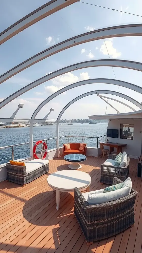19 Creative Deck with Roof Ideas for Your Outdoor Space 16 A stylish deck with a curved roof, seating area, and views of the water.