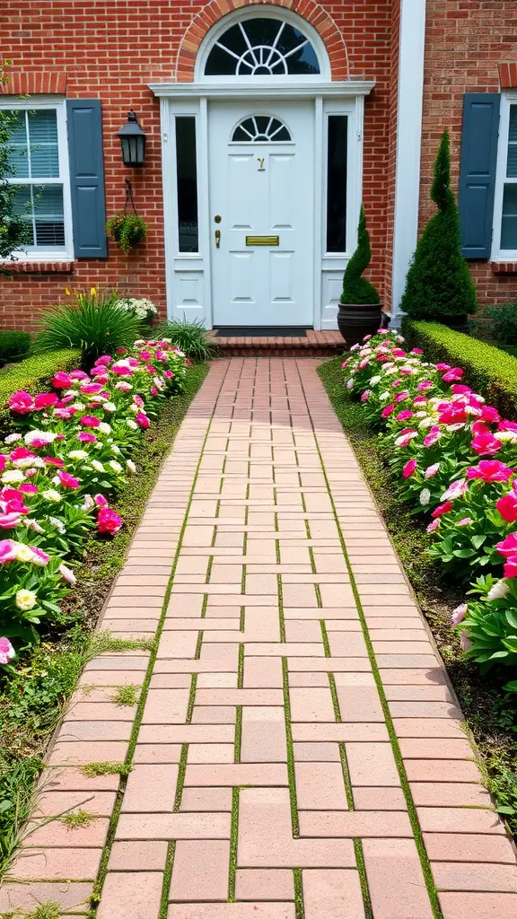25 Stunning Brick Walkways to Enhance Your Front Door Curb Appeal 10 Curved brick walkway with colorful flower borders leading to a white front door