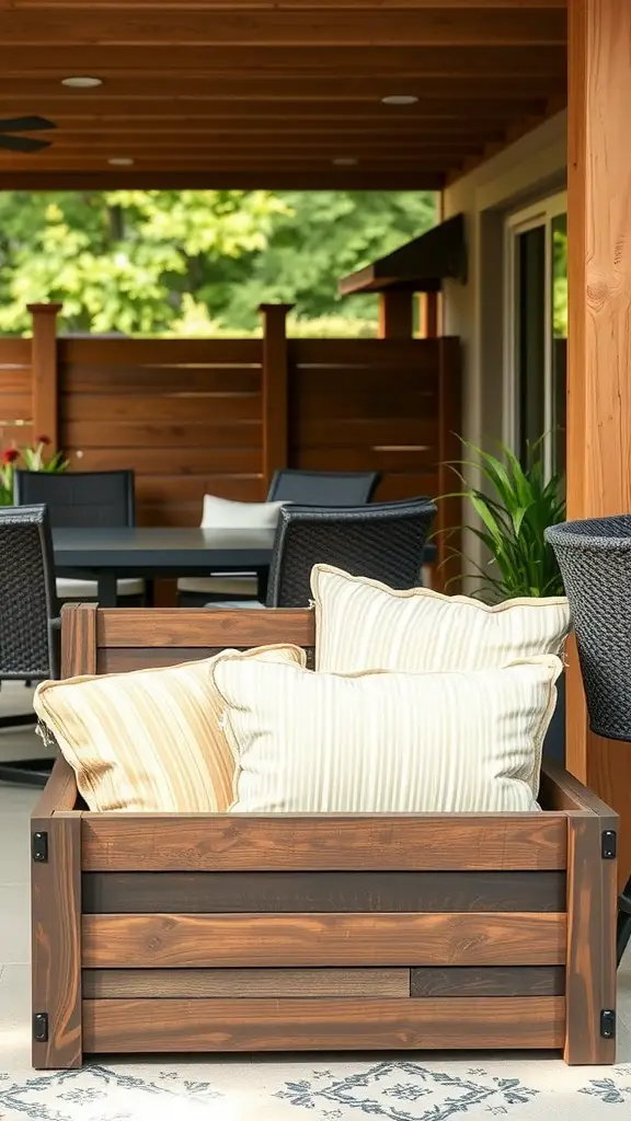 29 Affordable DIY Patio Furniture Ideas for Your Outdoor Space 24 A wooden cushion storage box on a patio, filled with striped cushions.