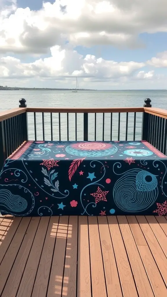 19 Creative Deck Skirting Ideas for Your Outdoor Space 17 Colorful custom artwork used as skirting on a deck, featuring intricate designs.