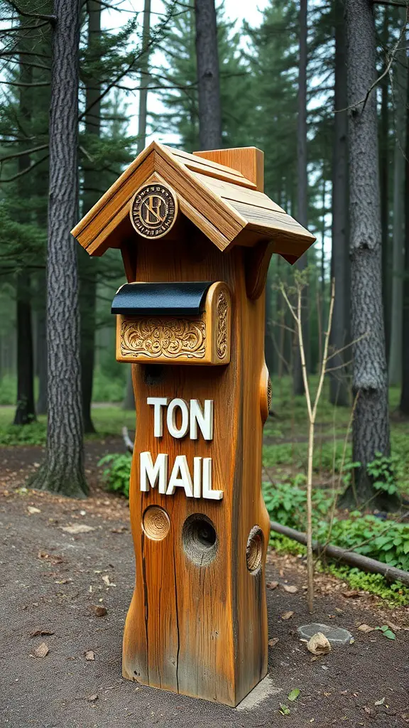 21 Creative DIY Mailbox Post Ideas for a Unique Curb Appeal 12 A custom carved log mailbox post with a small roof and bold letters saying 'TON MAIL' surrounded by trees