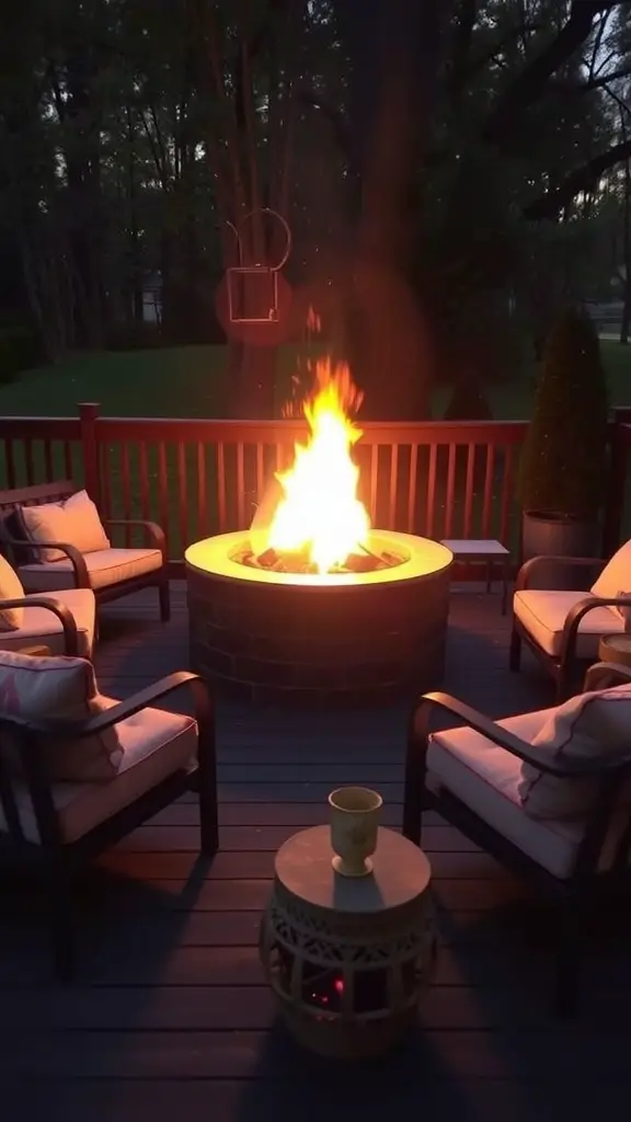 29 Stylish Deck Decorating Ideas You Need to Try 2 Cozy deck with a custom stone fire pit surrounded by chairs and a small table, illuminated by evening light