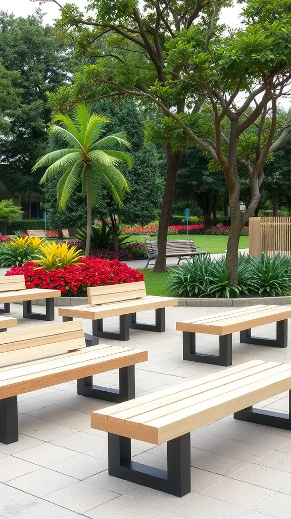 25 Creative Garden Bench Ideas to Enhance Your Outdoor Space 14 A view of customizable modular benches in a landscaped area with flowers and greenery.