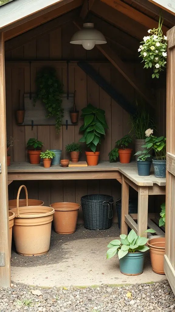 23 Stylish Potting Shed Interior Ideas for a Modern Touch 7 Interior of a potting shed featuring a wooden potting station with various potted plants.