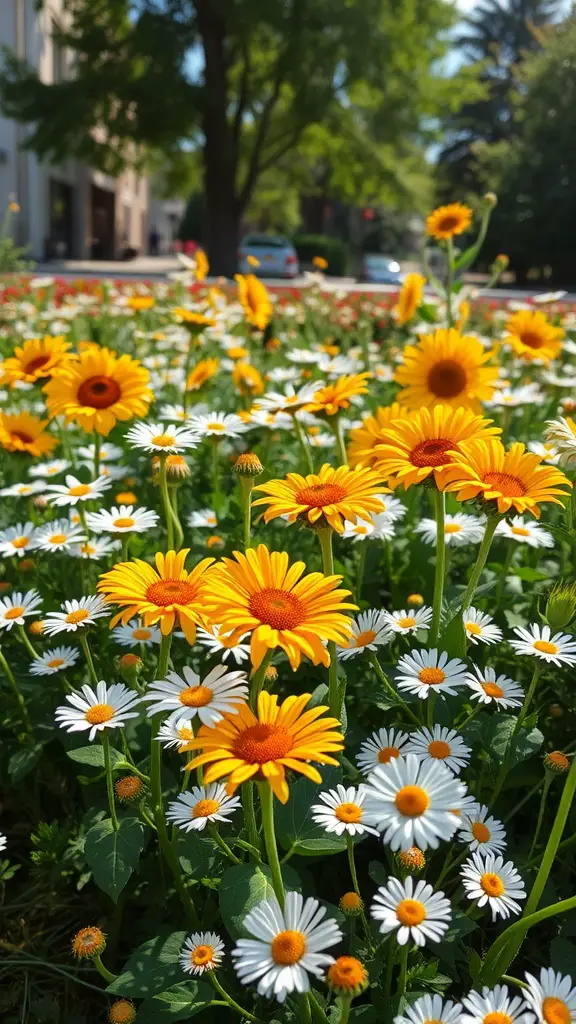 19 Stunning Flower Bed Ideas for Full Sun Gardens 6 A vibrant flower bed with yellow sunflowers and white daisies