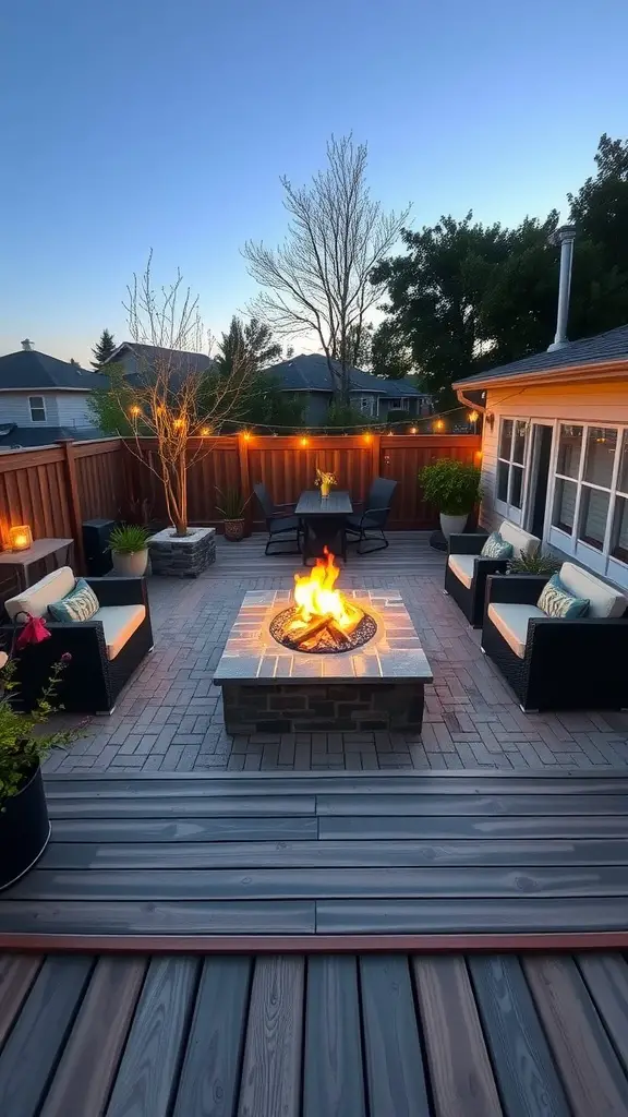 15 Creative Garden Decking Ideas for Your Outdoor Space 11 Cozy garden decking with a fire pit surrounded by seating and string lights