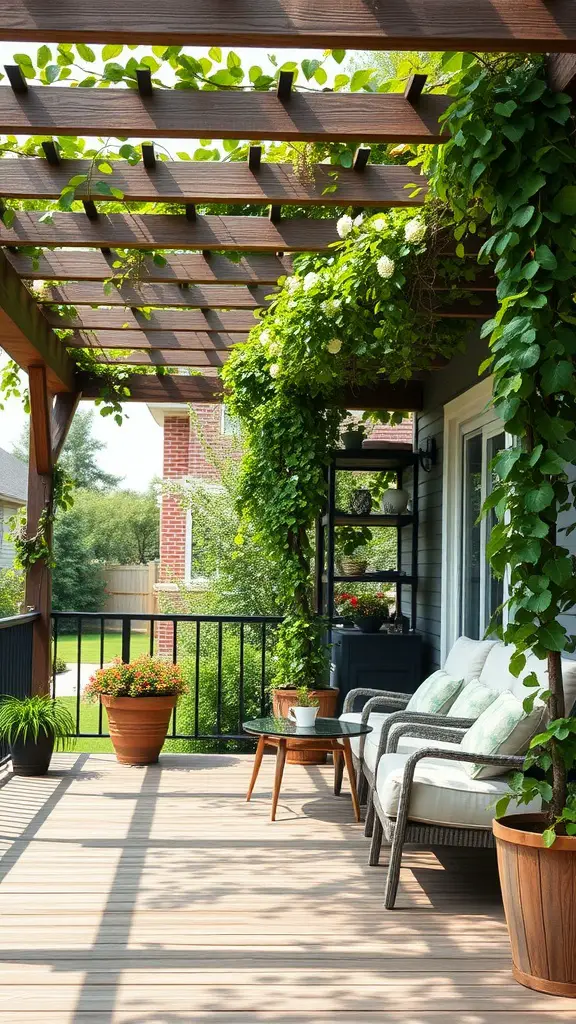 15 Creative Garden Decking Ideas for Your Outdoor Space 15 A cozy outdoor decking area with a wooden pergola covered in greenery, featuring comfortable seating and potted plants.