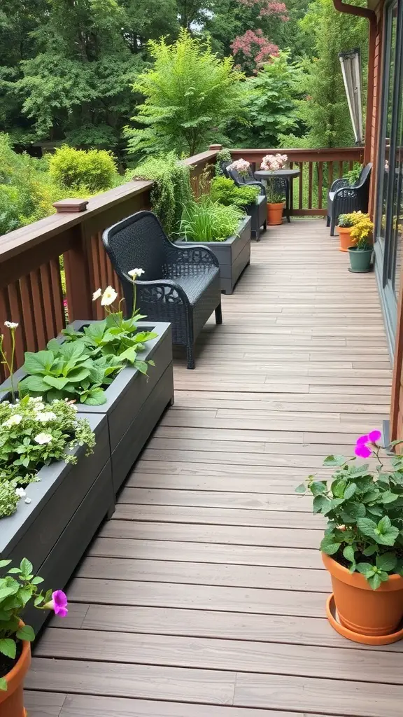15 Creative Garden Decking Ideas for Your Outdoor Space 10 A deck with integrated planters filled with various plants, alongside comfortable seating.
