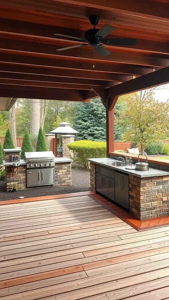 15 Creative Garden Decking Ideas for Your Outdoor Space 16 An outdoor kitchen on a wooden deck with a grill, sink, and stone accents.