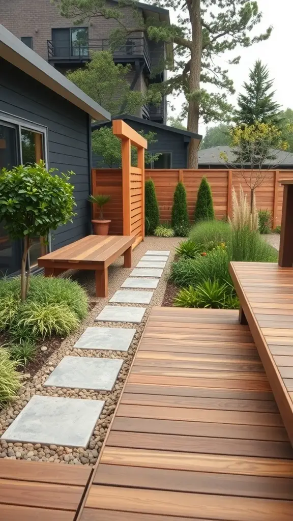 17 Stunning Modern Deck Ideas for Your Outdoor Space 12 A modern deck combined with landscaping featuring wooden elements, stone pathway, and various plants.
