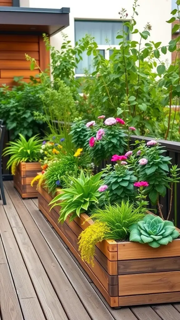 21 Unique Deck Layout Ideas You’ll Love 8 Deck with built-in wooden planters filled with colorful plants and flowers