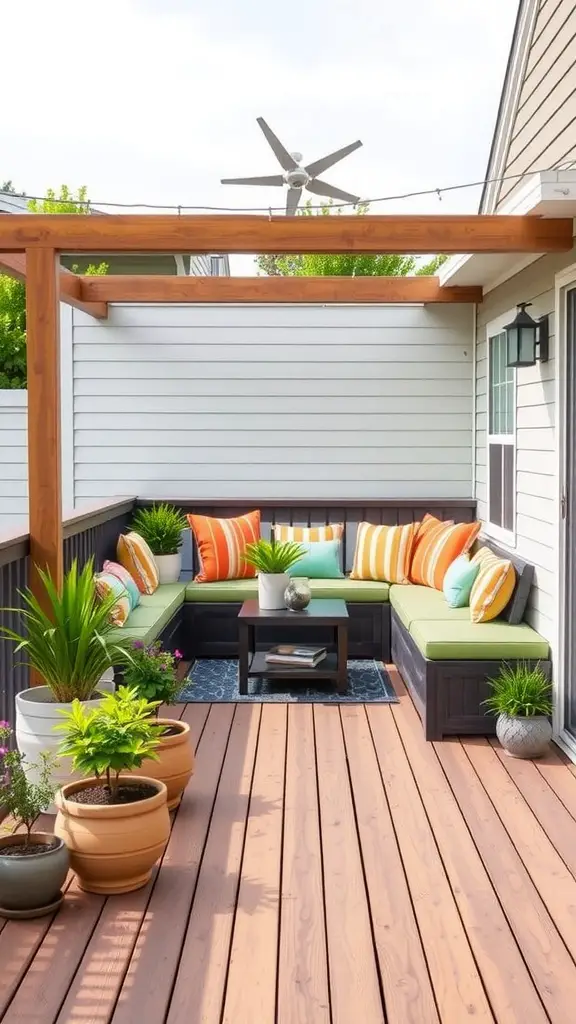 17 Stunning Modern Deck Ideas for Your Outdoor Space 8 Deck with built-in seating, colorful cushions, and potted plants
