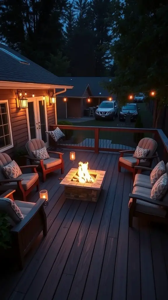 21 Unique Deck Layout Ideas You’ll Love 12 A cozy deck layout featuring a fire pit surrounded by comfortable seating and soft lighting.