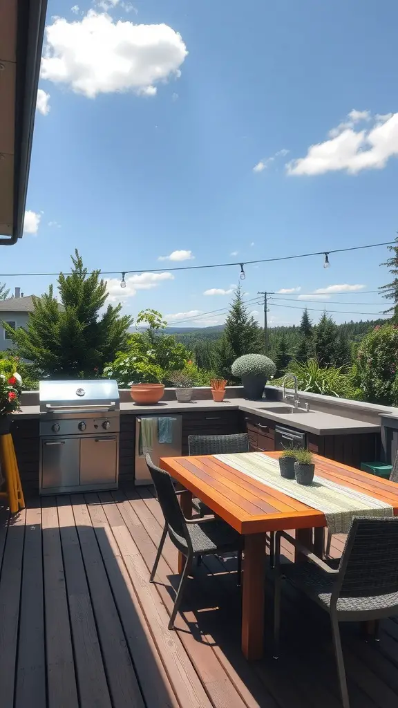 21 Unique Deck Layout Ideas You’ll Love 10 An outdoor kitchen setup on a sunny deck featuring a grill, a dining table, and potted plants.