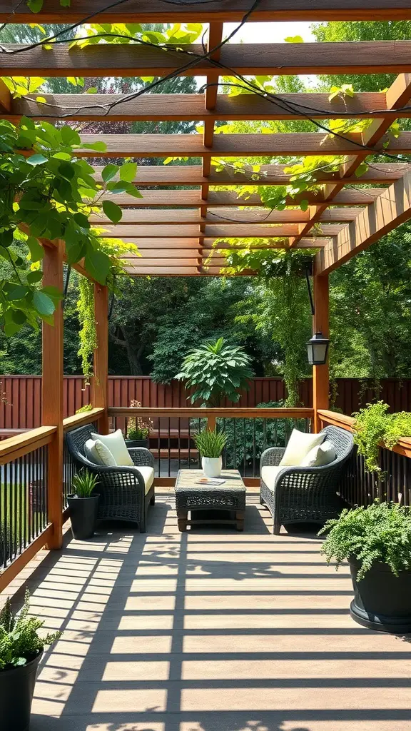 21 Unique Deck Layout Ideas You’ll Love 13 Cozy deck featuring a wooden pergola with greenery, wicker furniture, and potted plants.