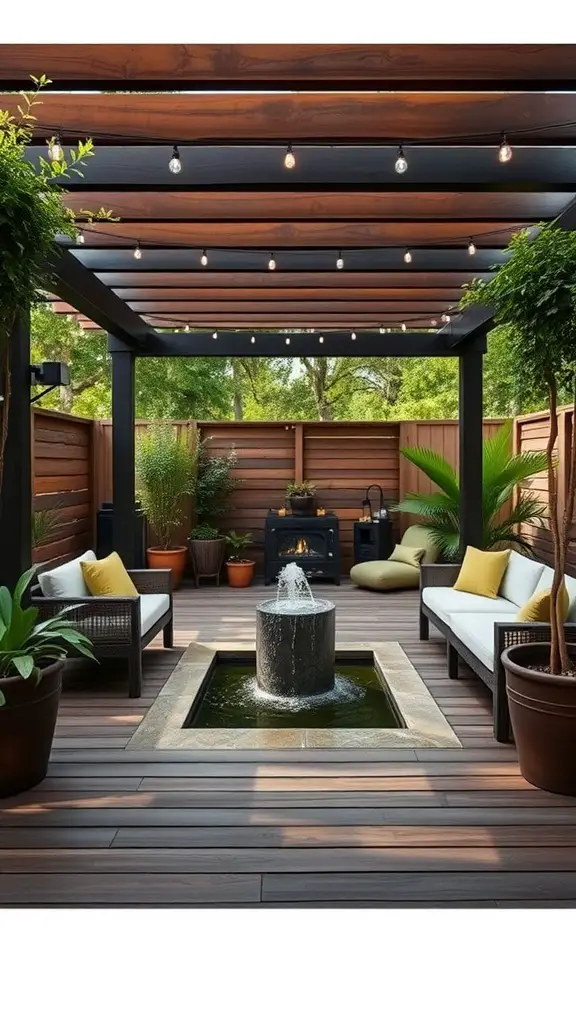 17 Stunning Modern Deck Ideas for Your Outdoor Space 15 A cozy deck featuring a circular fountain surrounded by comfortable seating and lush plants.