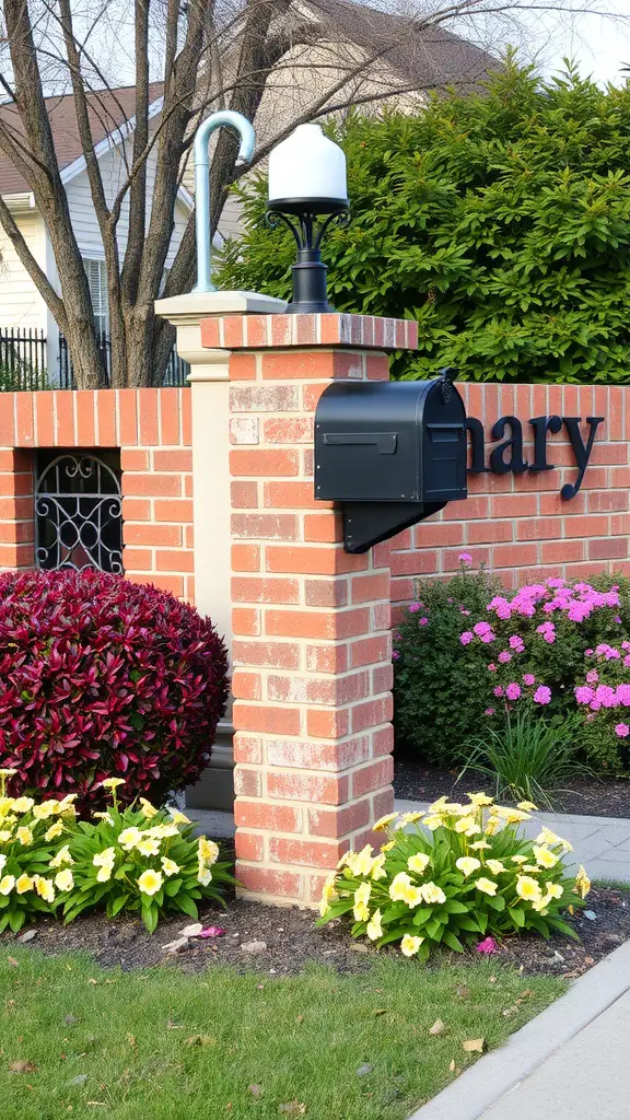 21 Creative DIY Mailbox Post Ideas for a Unique Curb Appeal 16 A decorative brick mailbox post surrounded by colorful flowers, featuring a black mailbox and a charming lamp on top.