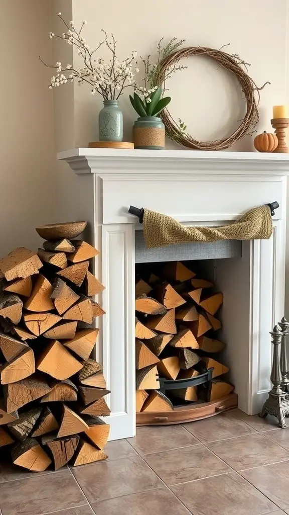 17 Charming Spring Fireplace Decor Ideas with TV Integration 2 A cozy fireplace with decorative stacked firewood, plants, and spring decor.