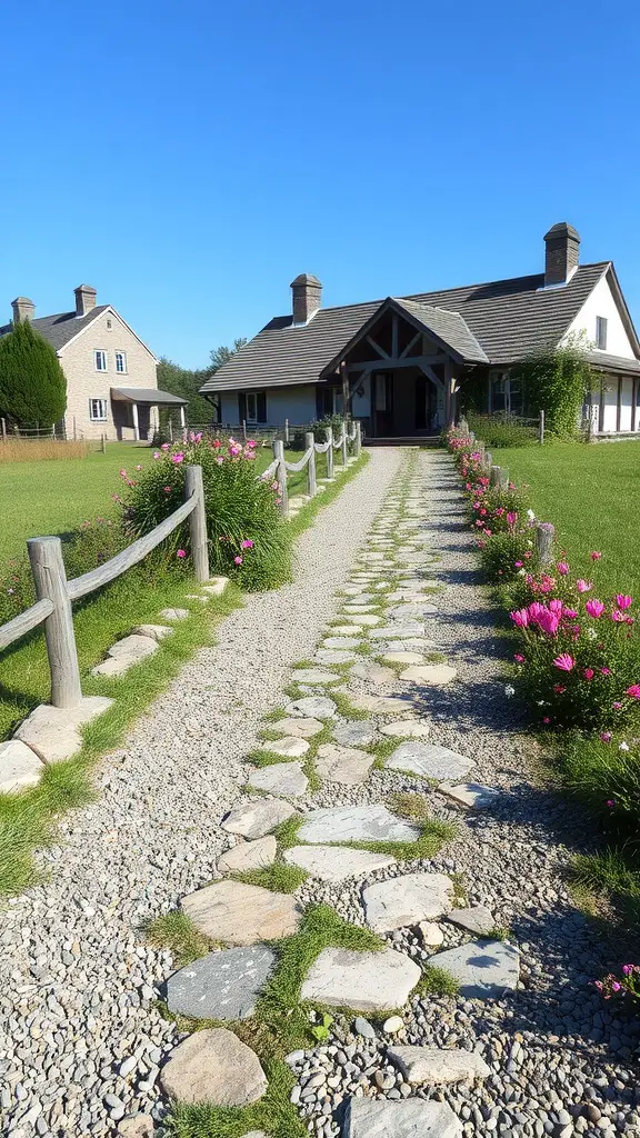 27 Charming Farmhouse Garden Ideas to Enhance Your Outdoor Space 7 A decorative garden pathway made of stones and gravel, lined with vibrant flowers and a wooden fence, leading to a farmhouse.