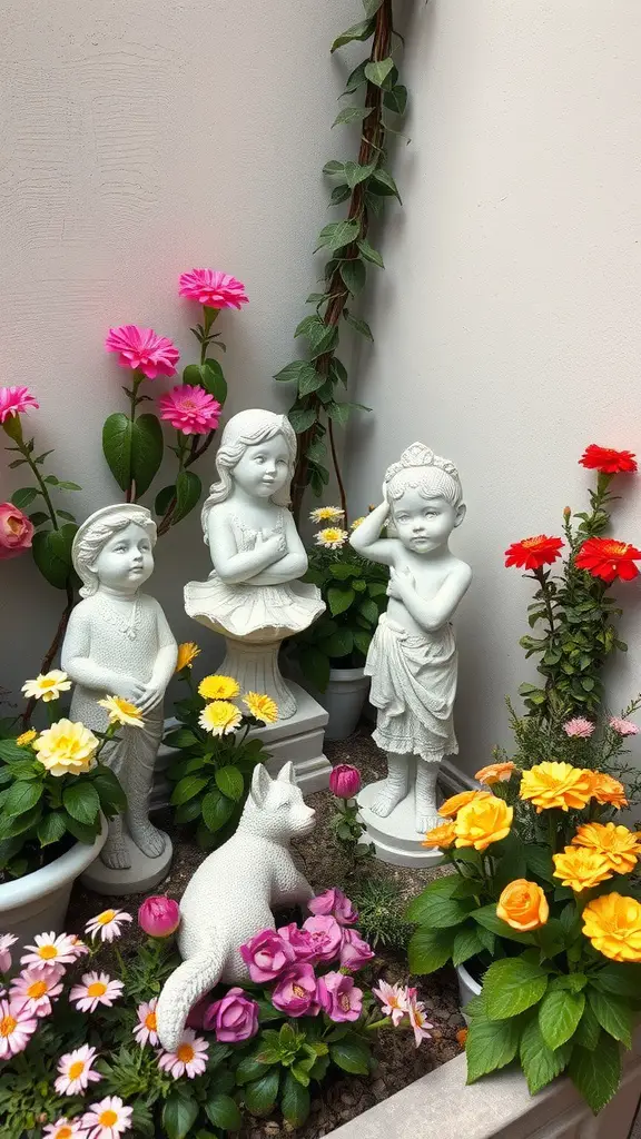 23 Creative Corner Garden Ideas for Your Backyard 11 Three decorative white garden statues of children surrounded by colorful flowers and a cat statue