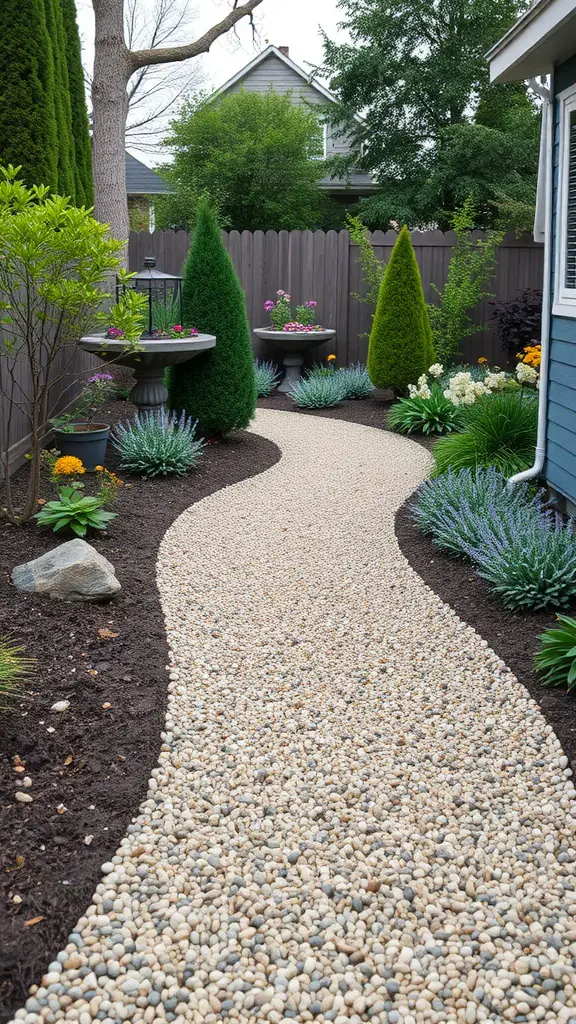17 Creative Grass Alternative Backyard Ideas for a Stunning Outdoor Space 5 A winding decorative gravel pathway surrounded by green plants and flowers in a backyard.