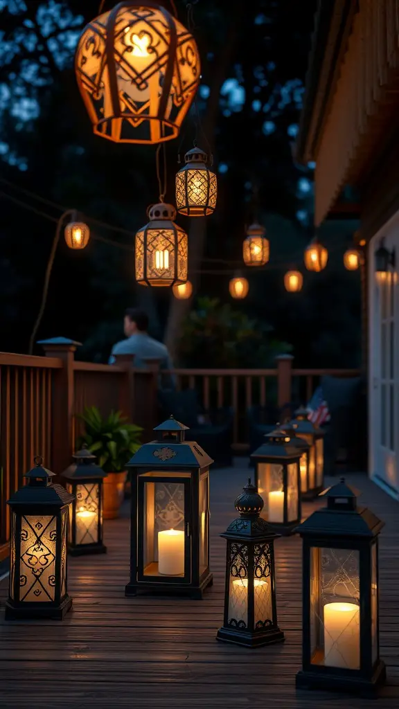 15 Inspiring Outdoor Deck Decorating Ideas to Transform Your Space 15 An outdoor deck decorated with various decorative lanterns casting warm light during the evening.