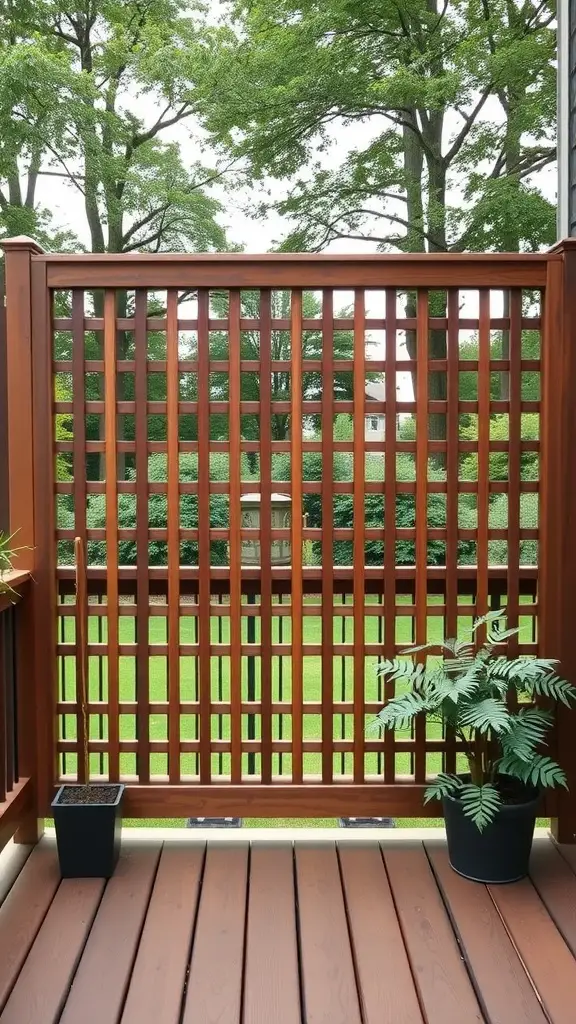 29 Stylish Deck Decorating Ideas You Need to Try 4 Wooden decorative privacy screen with lattice design on a deck, surrounded by green trees and potted plants.