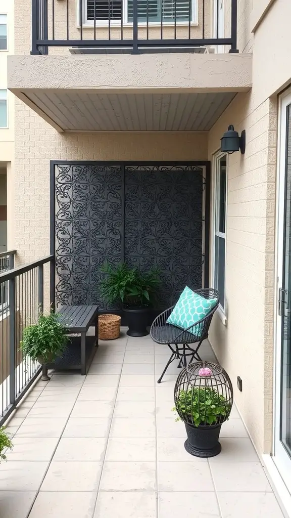 21 Stunning Apartment Patio Ideas for Perfect Outdoor Living 14 A stylish apartment patio with a decorative privacy screen, plants, and seating.