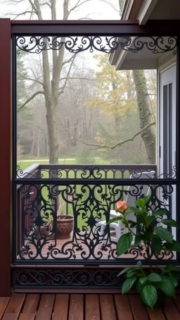 19 Creative Deck Skirting Ideas for Your Outdoor Space 5 A decorative screen on a deck, featuring intricate metalwork, with a view of trees and a potted plant.