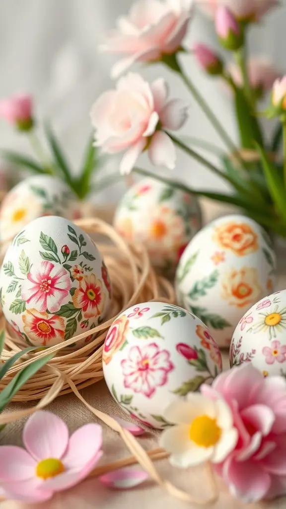 Decorative decoupage Easter eggs surrounded by flowers