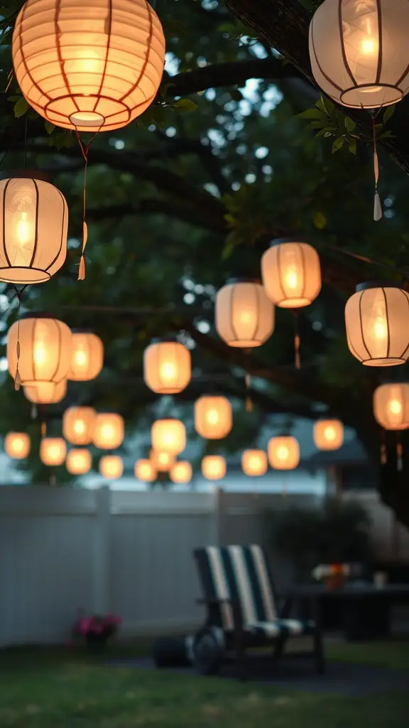 21 Creative Mother's Day Decor Ideas to Celebrate Mom 12 A beautiful display of delicate paper lanterns hanging from tree branches, illuminating the outdoor space with a warm glow.