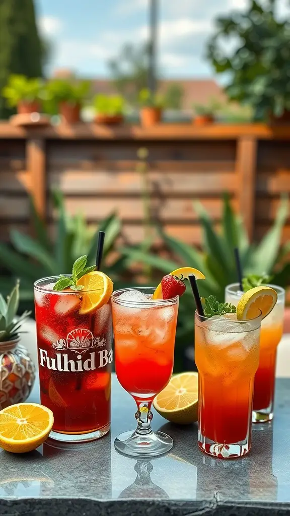 19 Creative Backyard Baby Shower Ideas You’ll Love 11 A vibrant mocktail bar with colorful drinks garnished with fruits and mint.