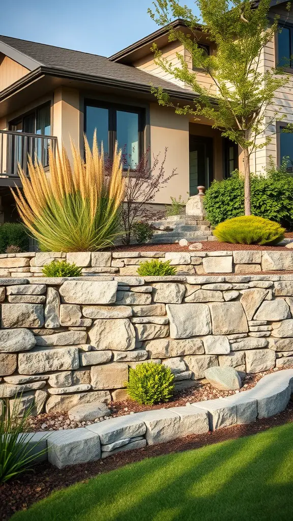 A beautifully designed retaining wall made of natural stone with lush plants in front of a modern home.