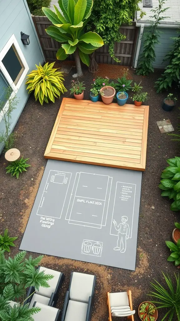 19 Stunning Floating Deck Plans You'll Love 7 A top-down view of a simple floating deck plan with surrounding plants and a friendly illustration