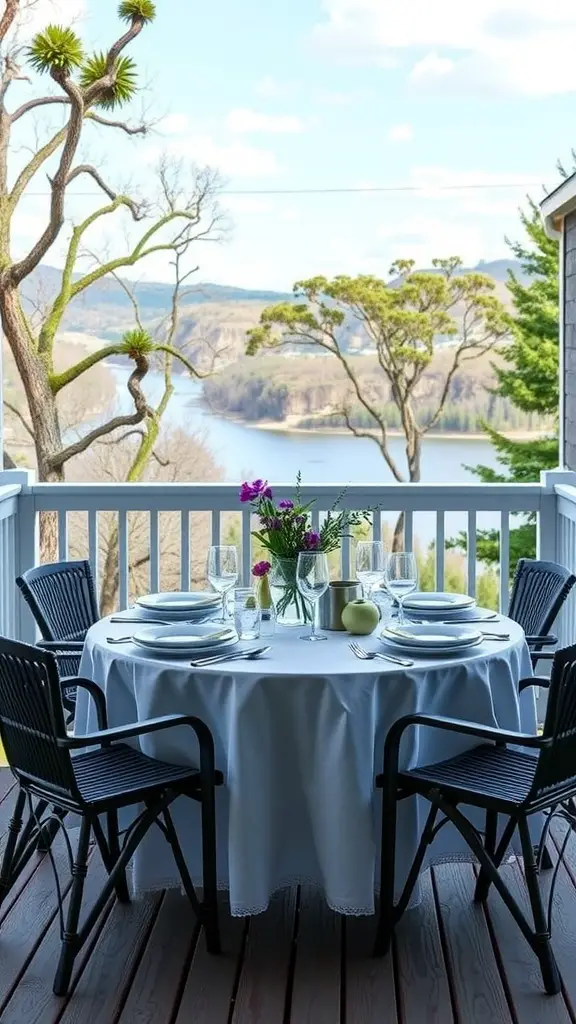 19 Charming Back Deck Decorating Ideas for a Cozy Outdoor Space 8 A beautifully set outdoor dining table on a back deck overlooking trees and water.