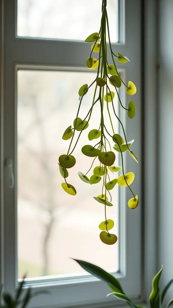 15 Gorgeous Hanging Plants Perfect for Your Windowsill 7 A Dischidia plant with green leaves hanging in front of a window.