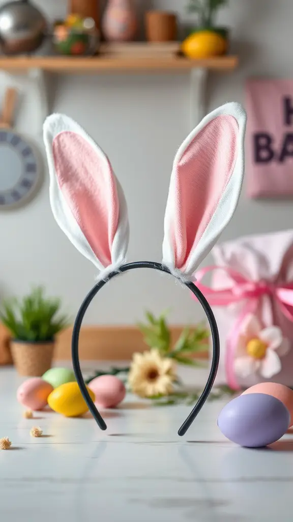 A cute DIY bunny ears headband on a table decorated for Easter.