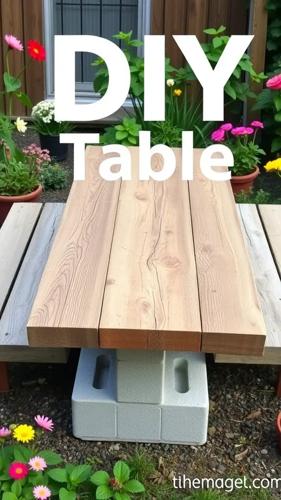 21 Creative Cinder Block Garden Ideas for Your Outdoor Space 8 A DIY table made of wooden planks supported by cinder blocks, surrounded by colorful flowers.