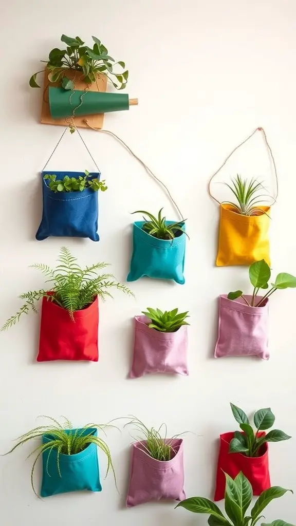 15 Hanging Plant Wall Indoor DIY: Gorgeous Ideas You’ll Want to Try Right Now! 7 Colorful fabric plant pockets hanging on a wall with various plants.