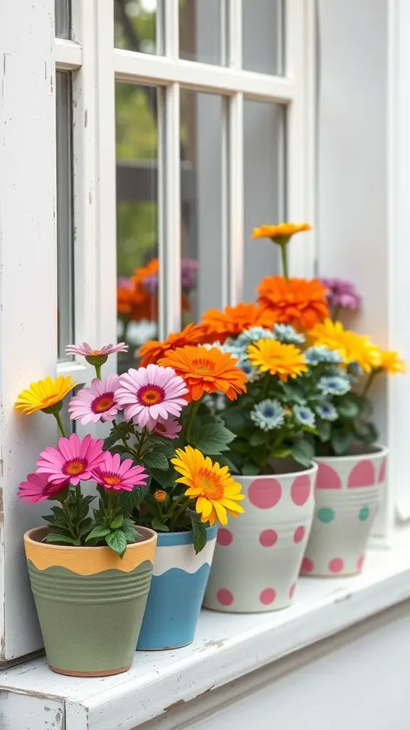 27 Creative Mother’s Day Decor Ideas to Celebrate Mom 15 Colorful flower pots on a windowsill with various flowers like daisies and gerbera daisies.