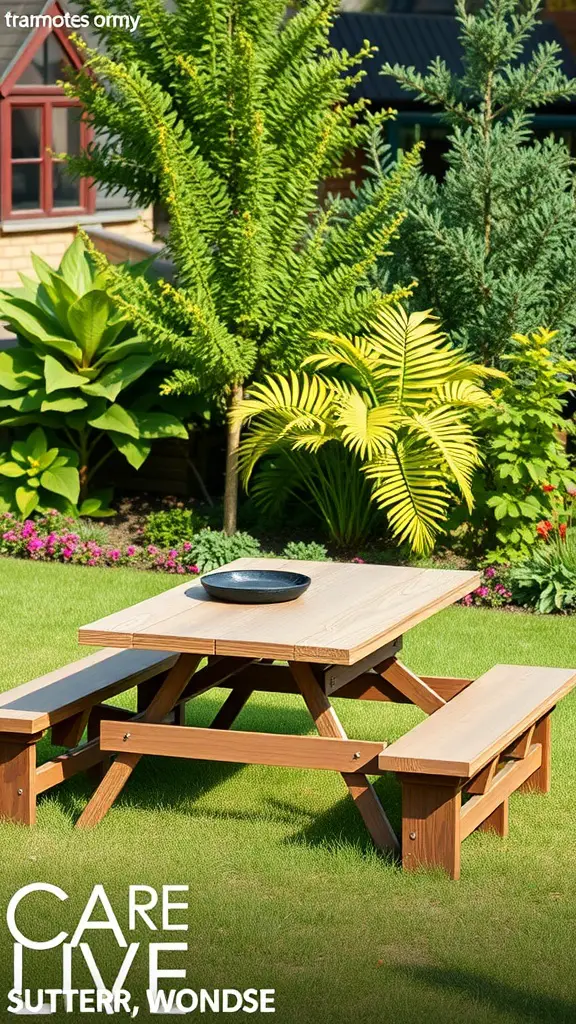 29 Affordable DIY Patio Furniture Ideas for Your Outdoor Space 21 A DIY folding picnic table set in a lush garden
